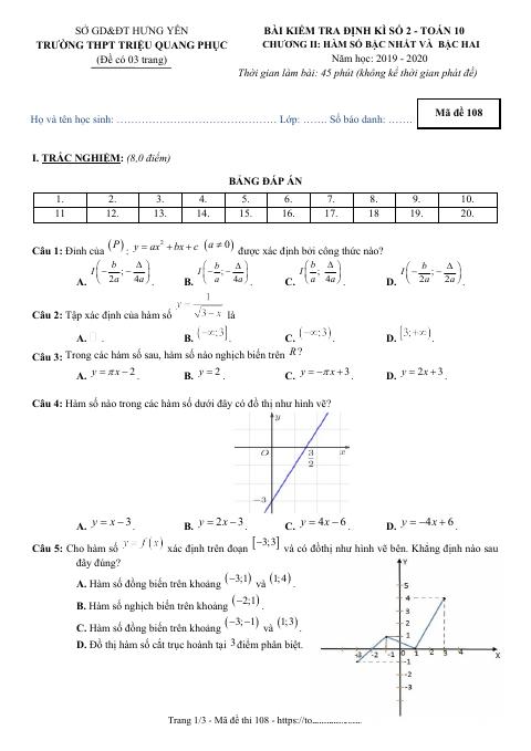 Bài kiểm tra định kì số 2 Toán 10 năm 2019 – 2020 trường Triệu Quang Phục – Hưng Yên (bản Word)